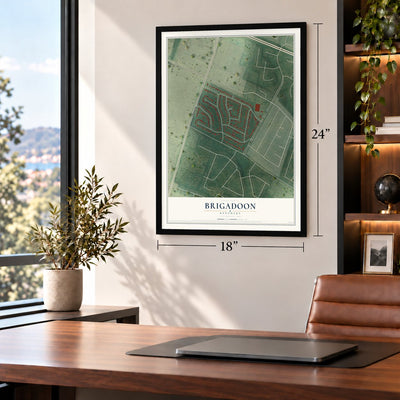 Brigadoon, Kentucky map, 18 x 24 inch print in a black frame in a home office