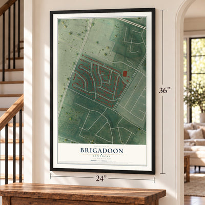 Brigadoon, Kentucky map, 24 x 36 inch print in a black frame by a staircase