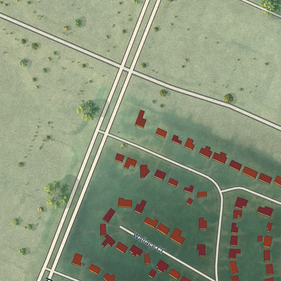 Close-up of the map of Brigadoon, Kentucky print showing street and building detail