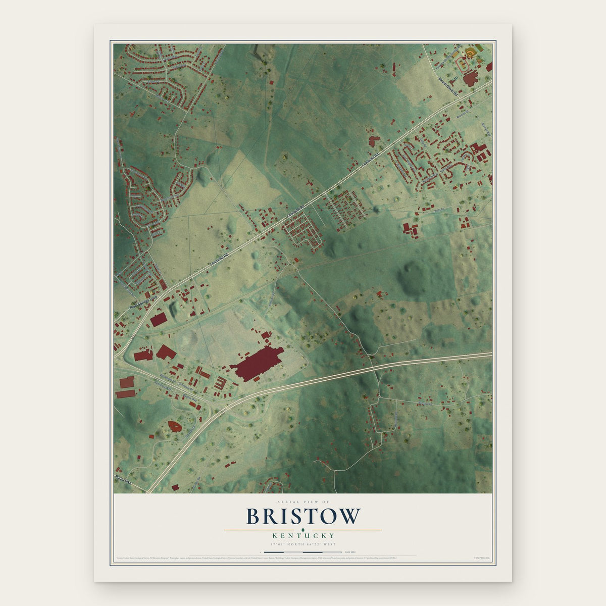 Bristow, Kentucky map print, the full design