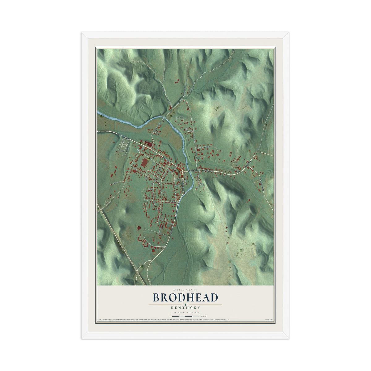 Map of Brodhead, Kentucky, 12 x 18 inch print in a white wood frame