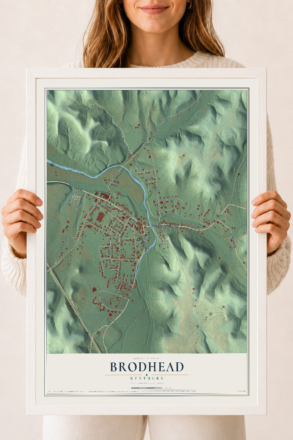 Map of Brodhead, Kentucky, 18 x 24 inch print in a white wood frame
