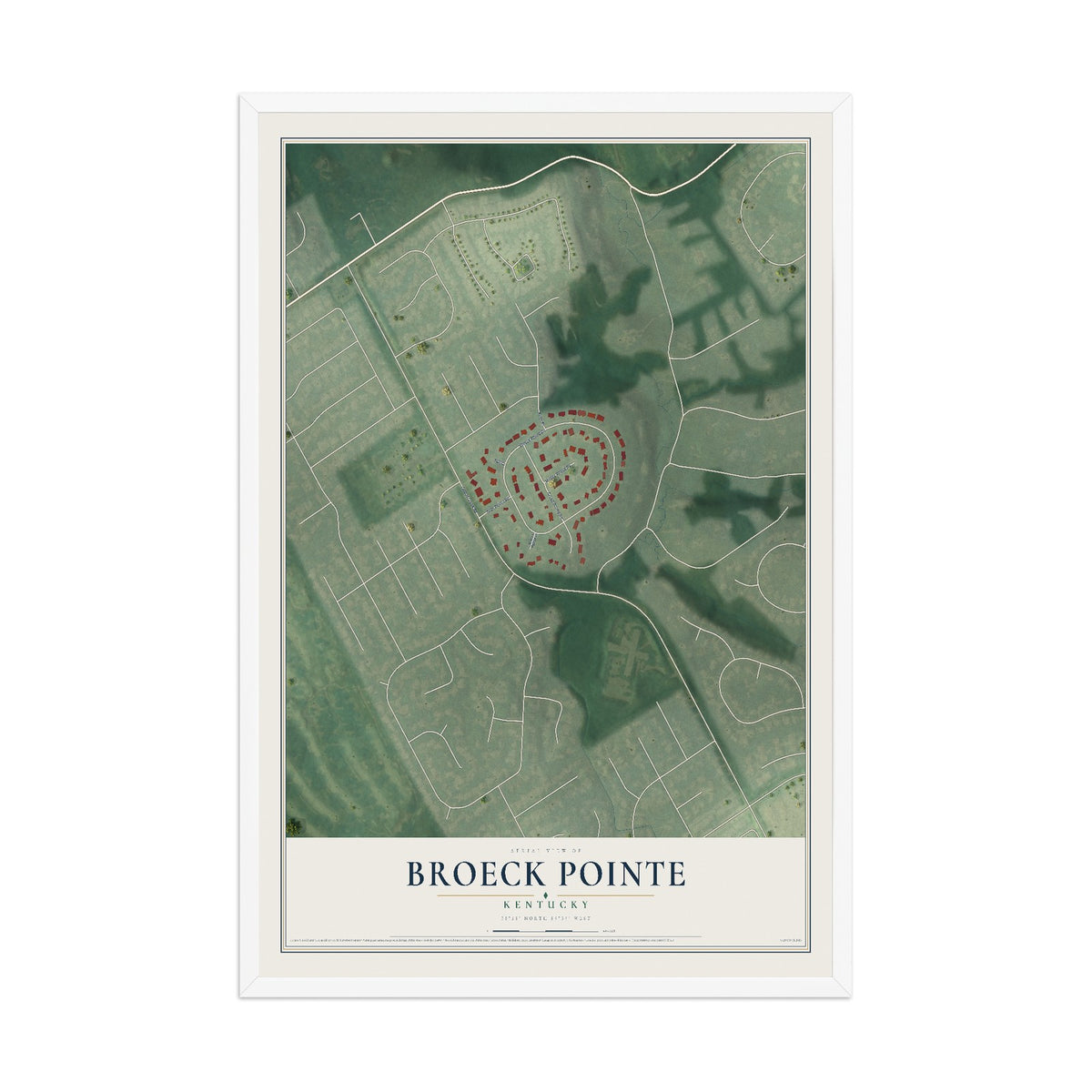 Map of Broeck Pointe, Kentucky, 12 x 18 inch print in a white wood frame