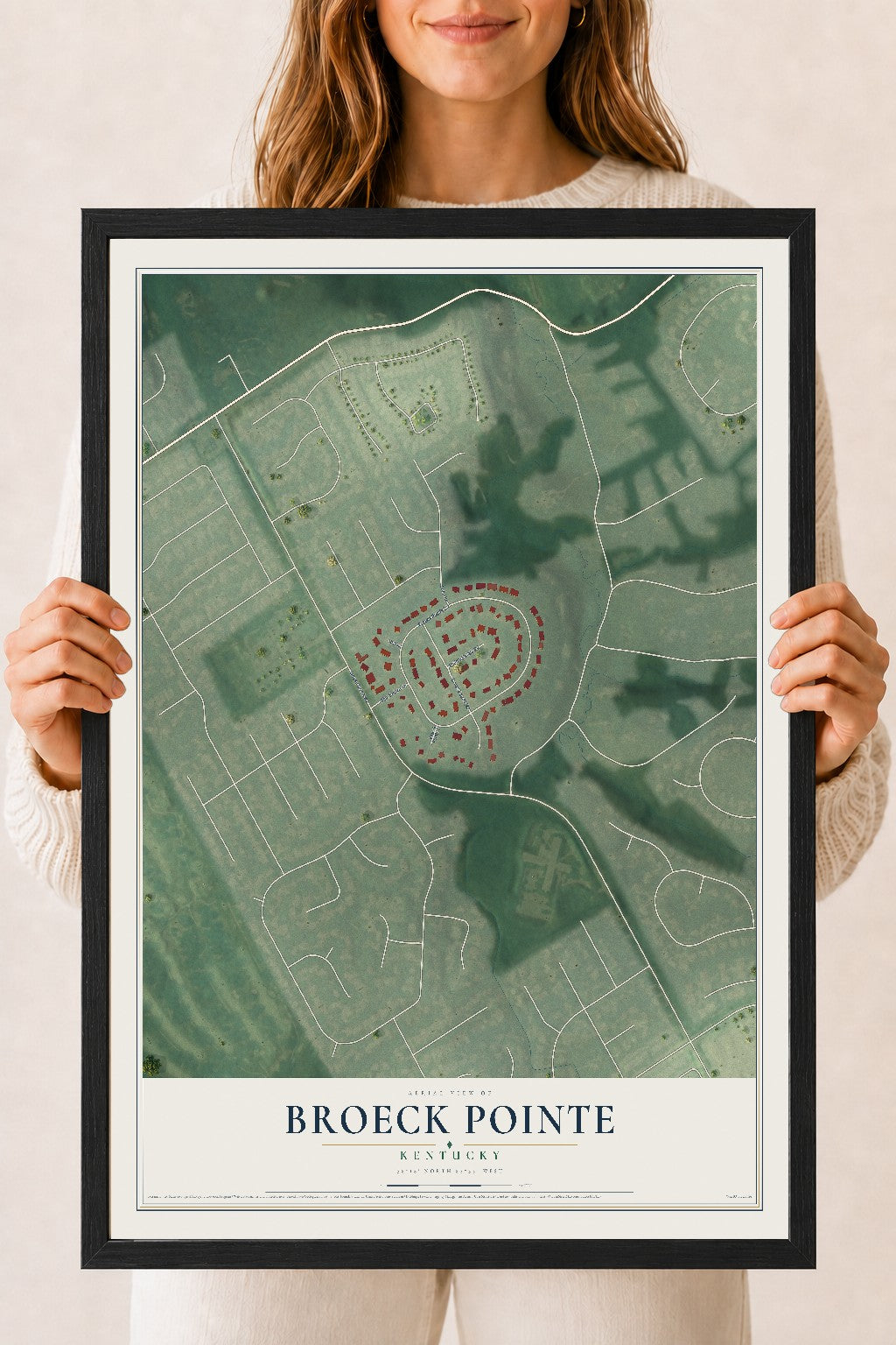 Map of Broeck Pointe, Kentucky, 18 x 24 inch print in a black wood frame