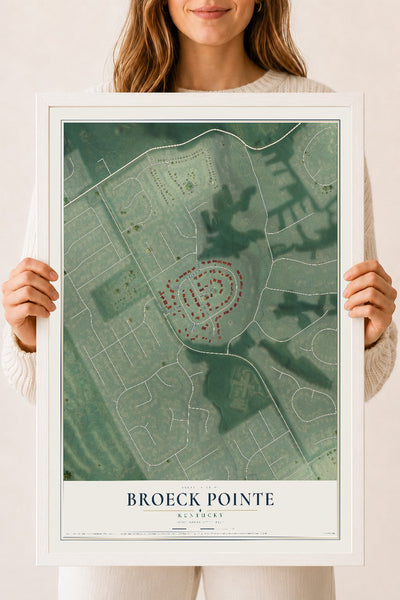 Map of Broeck Pointe, Kentucky, 18 x 24 inch print in a white wood frame