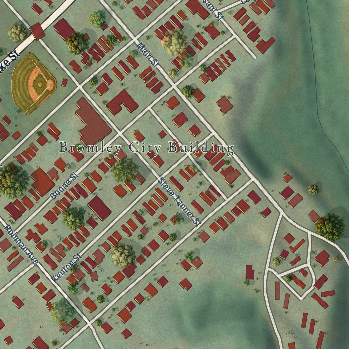 Close-up of the map of Bromley, Kentucky print showing street and building detail