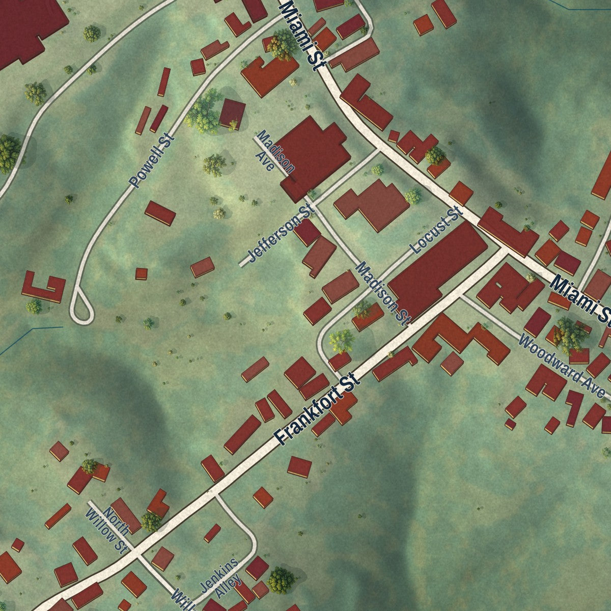 Close-up of the map of Brooksville, Kentucky print showing street and building detail
