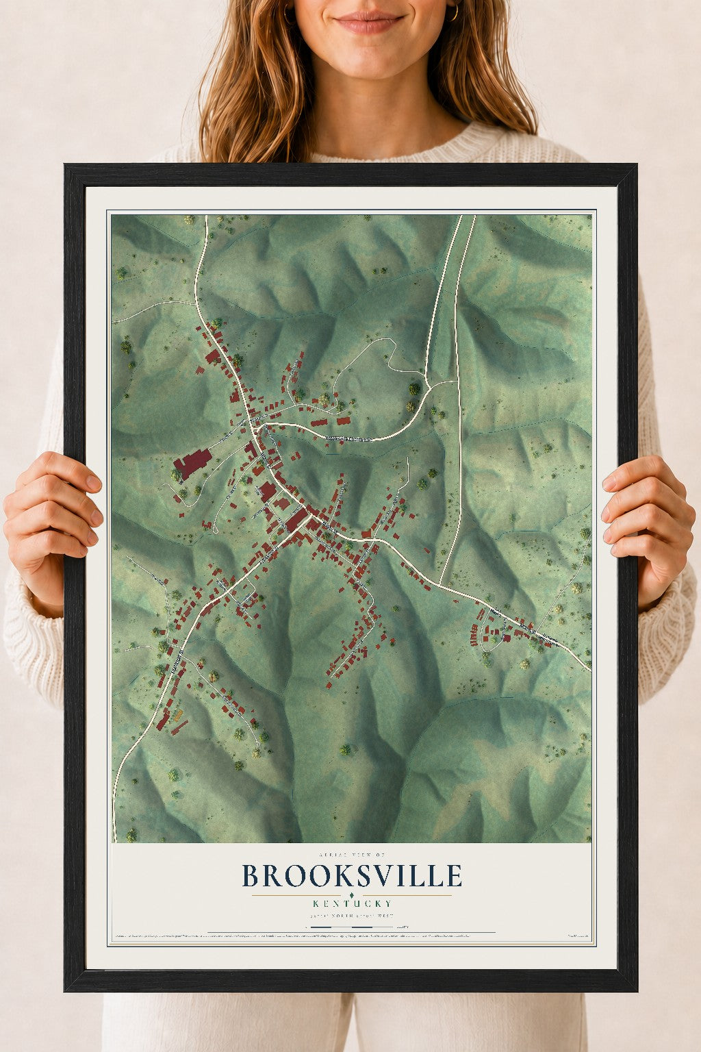 Map of Brooksville, Kentucky, 18 x 24 inch print in a black wood frame