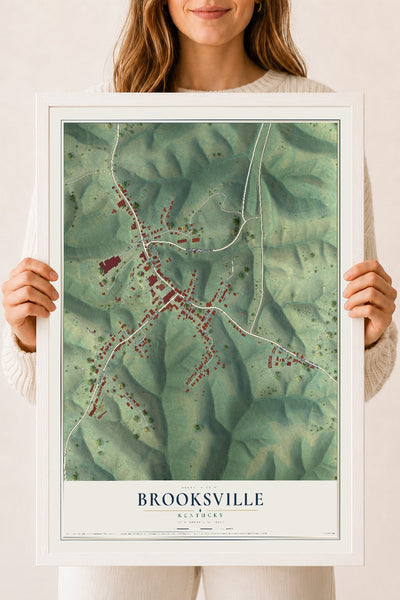 Map of Brooksville, Kentucky, 18 x 24 inch print in a white wood frame