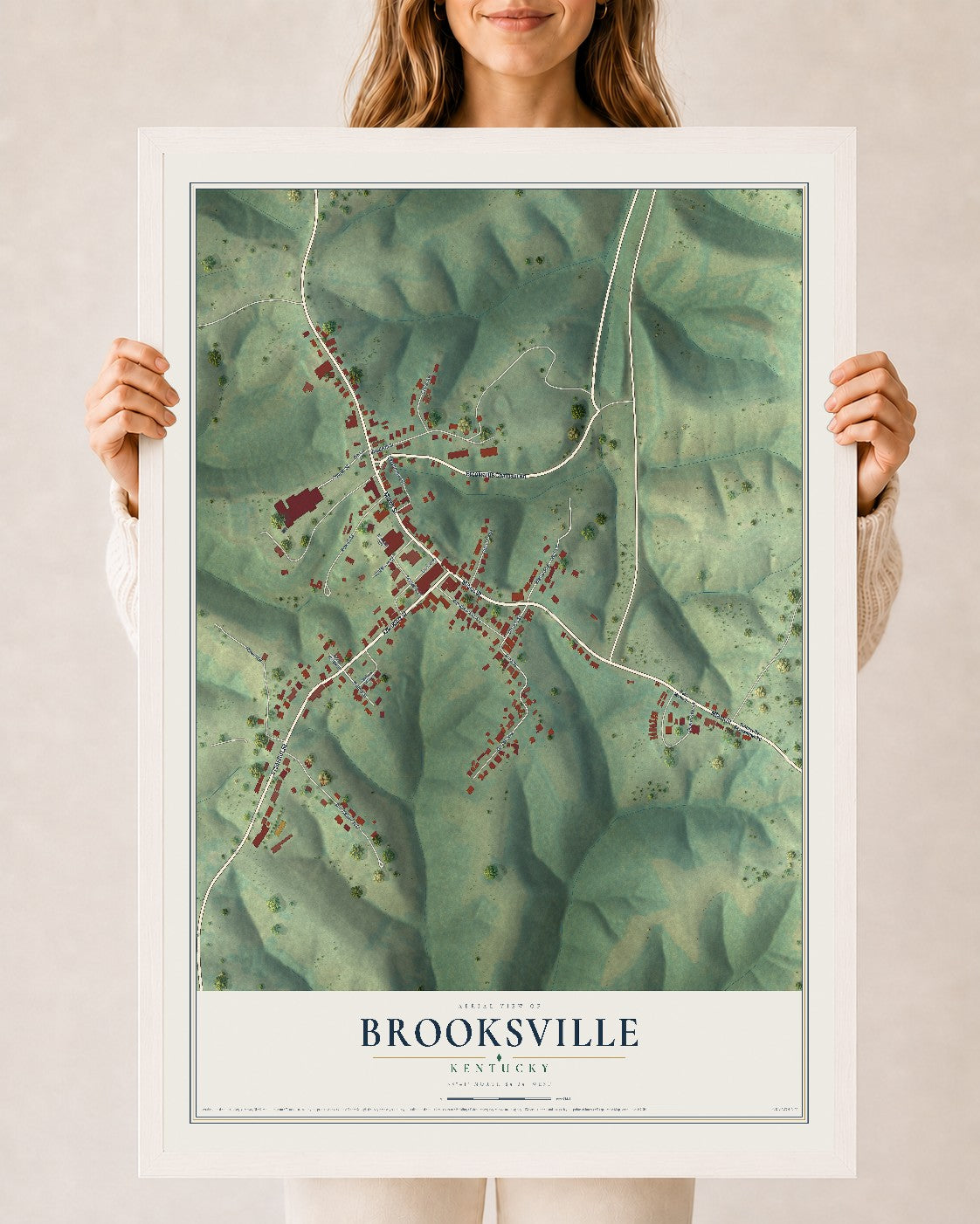 Map of Brooksville, Kentucky, 24 x 36 inch print in a white wood frame