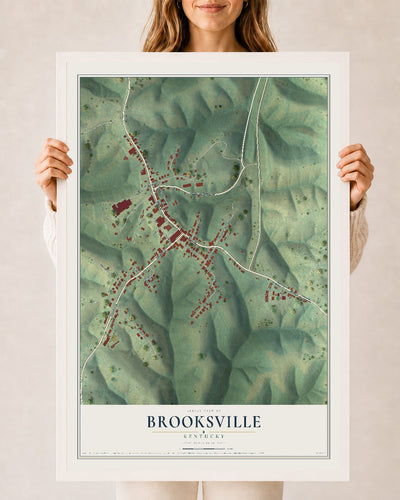 Map of Brooksville, Kentucky, 24 x 36 inch print in a white wood frame