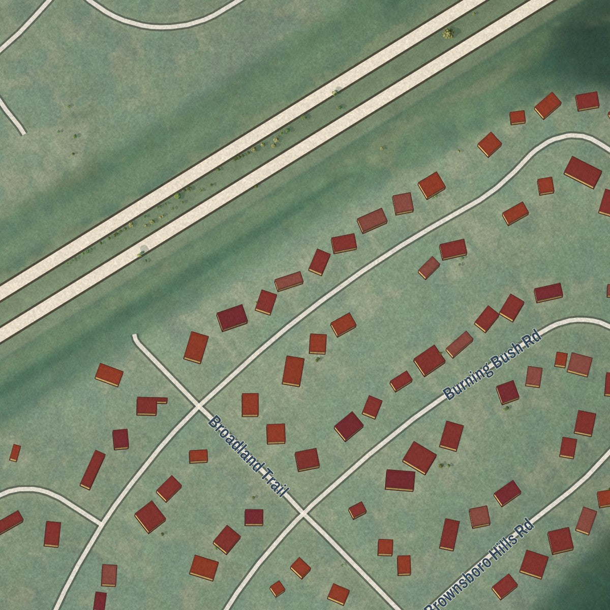Close-up of the map of Brownsboro Farm, Kentucky print showing street and building detail