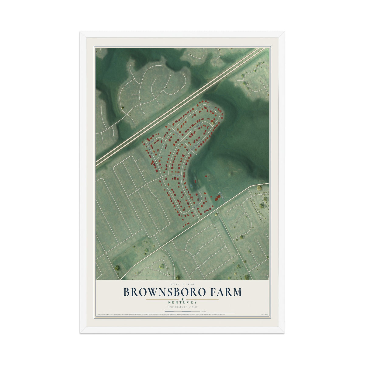 Map of Brownsboro Farm, Kentucky, 12 x 18 inch print in a white wood frame