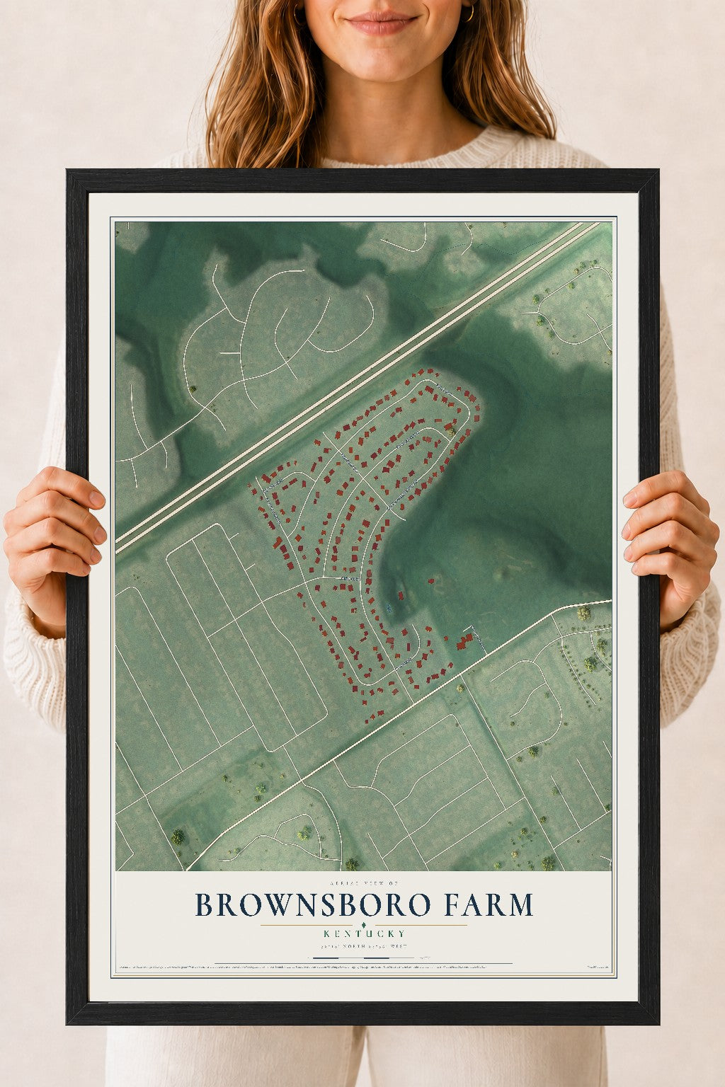 Map of Brownsboro Farm, Kentucky, 18 x 24 inch print in a black wood frame