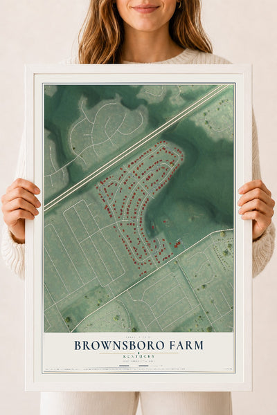 Map of Brownsboro Farm, Kentucky, 18 x 24 inch print in a white wood frame