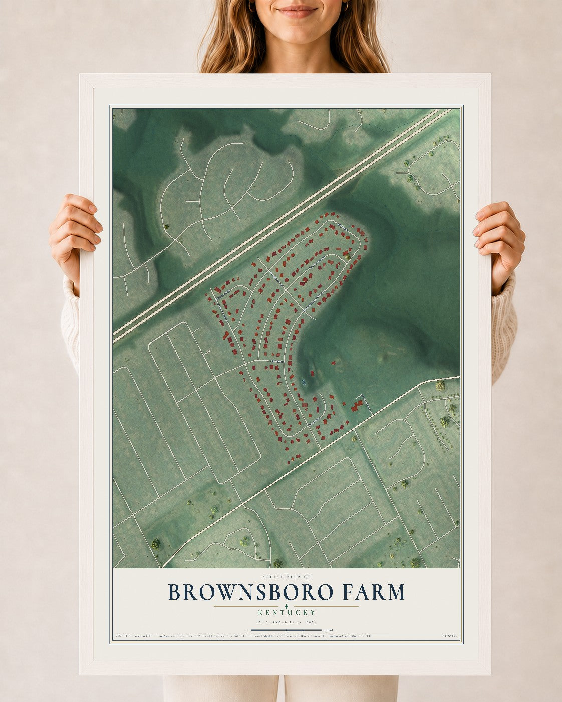 Map of Brownsboro Farm, Kentucky, 24 x 36 inch print in a white wood frame