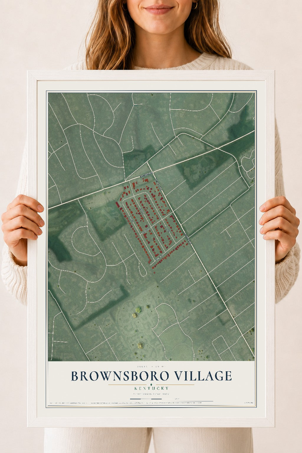 Map of Brownsboro Village, Kentucky, 18 x 24 inch print in a white wood frame