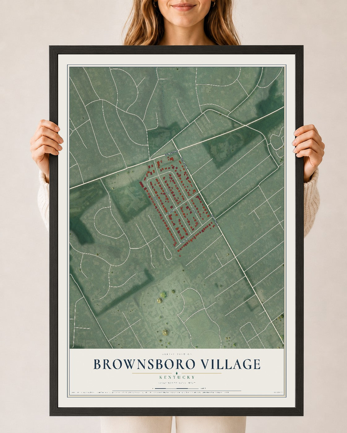 Map of Brownsboro Village, Kentucky, 24 x 36 inch print in a black wood frame
