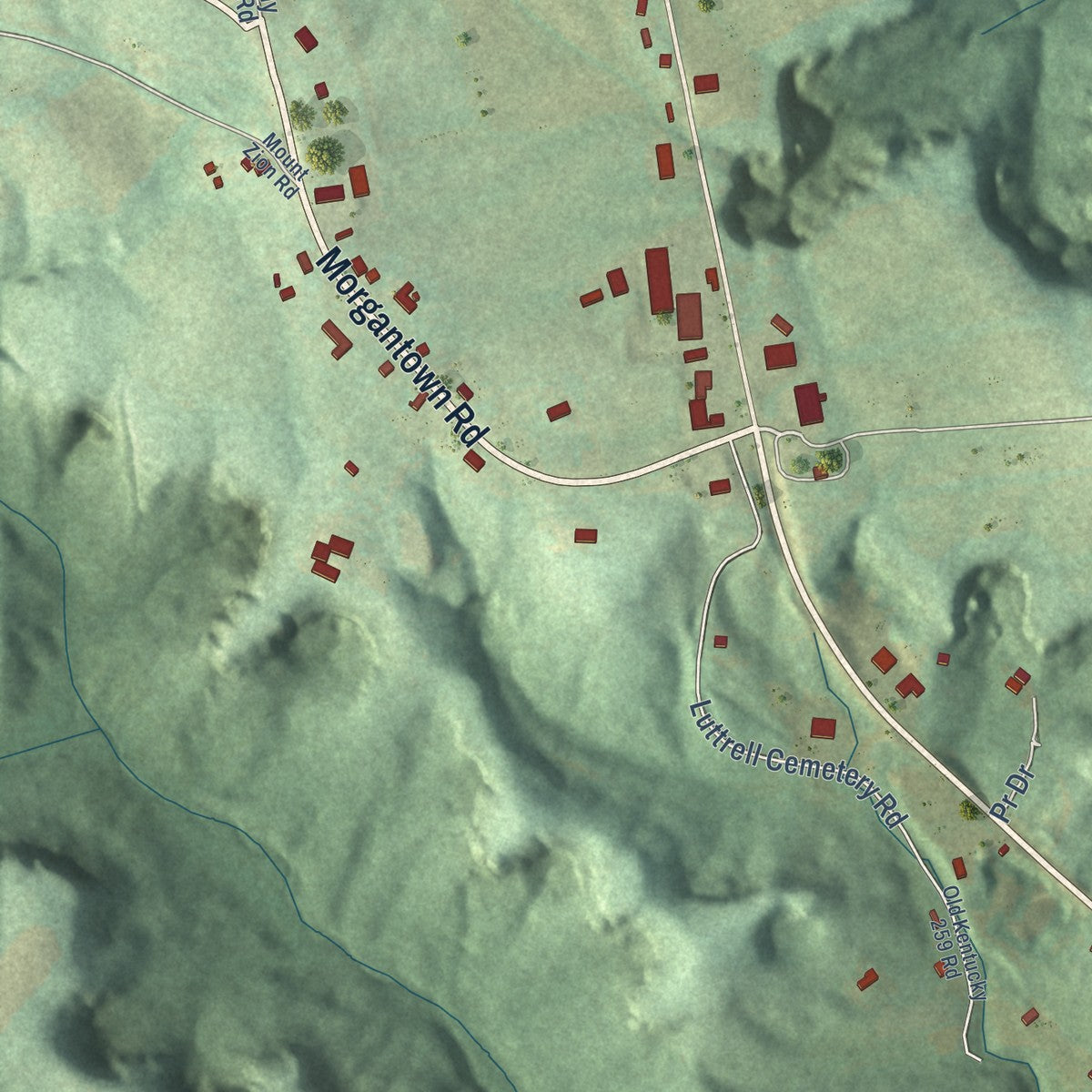 Second close-up of the map of Brownsville, Kentucky print showing more streets and buildings