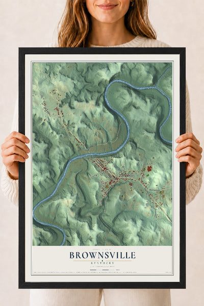 Map of Brownsville, Kentucky, 18 x 24 inch print in a black wood frame