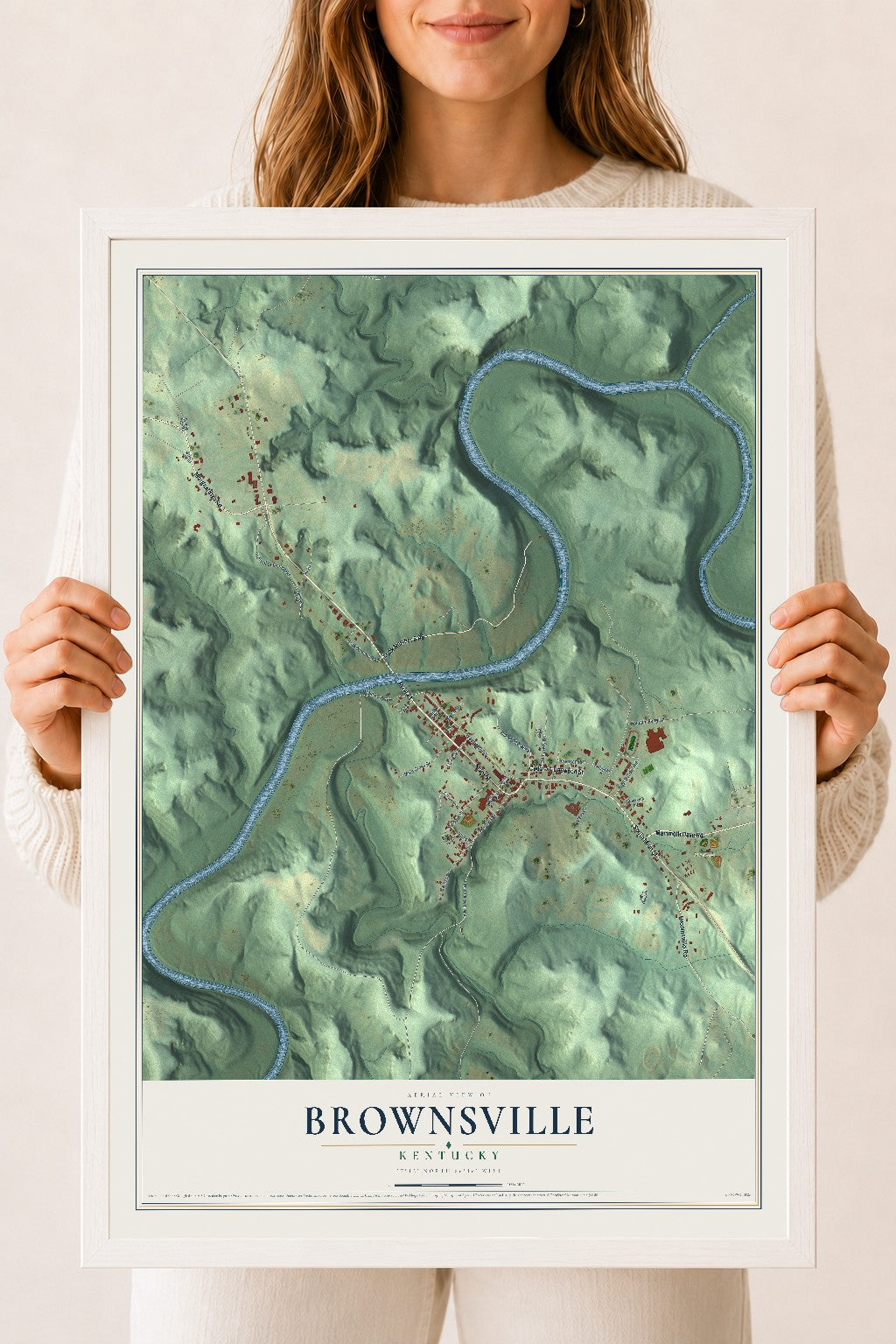 Map of Brownsville, Kentucky, 18 x 24 inch print in a white wood frame
