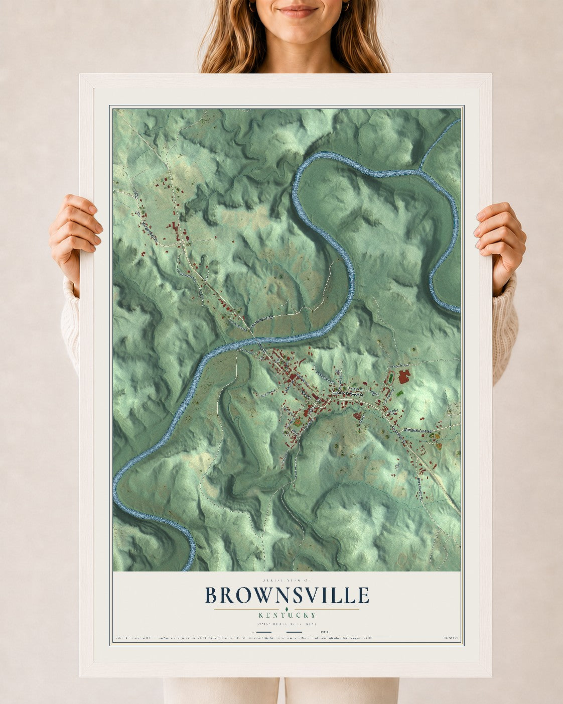 Map of Brownsville, Kentucky, 24 x 36 inch print in a white wood frame