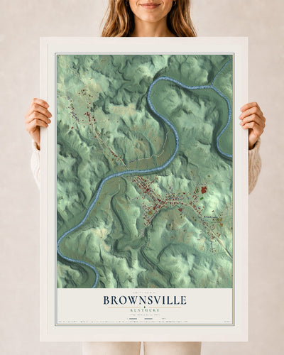 Map of Brownsville, Kentucky, 24 x 36 inch print in a white wood frame