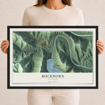 Map of Buckhorn, Kentucky, 12 x 18 inch print in a black wood frame