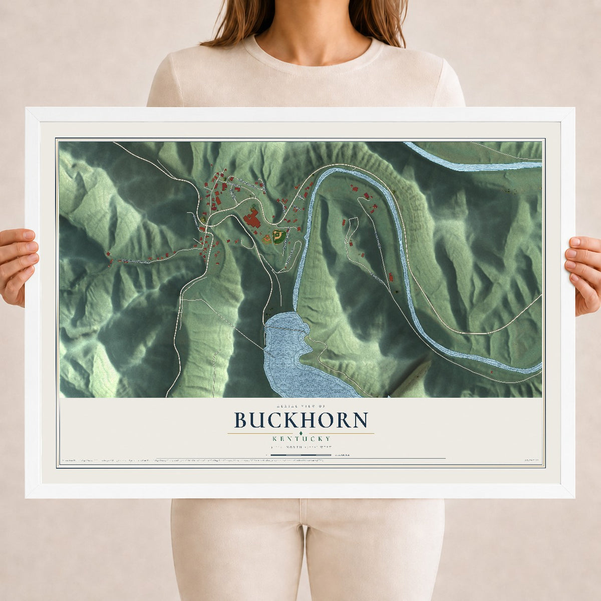 Map of Buckhorn, Kentucky, 18 x 24 inch print in a white wood frame
