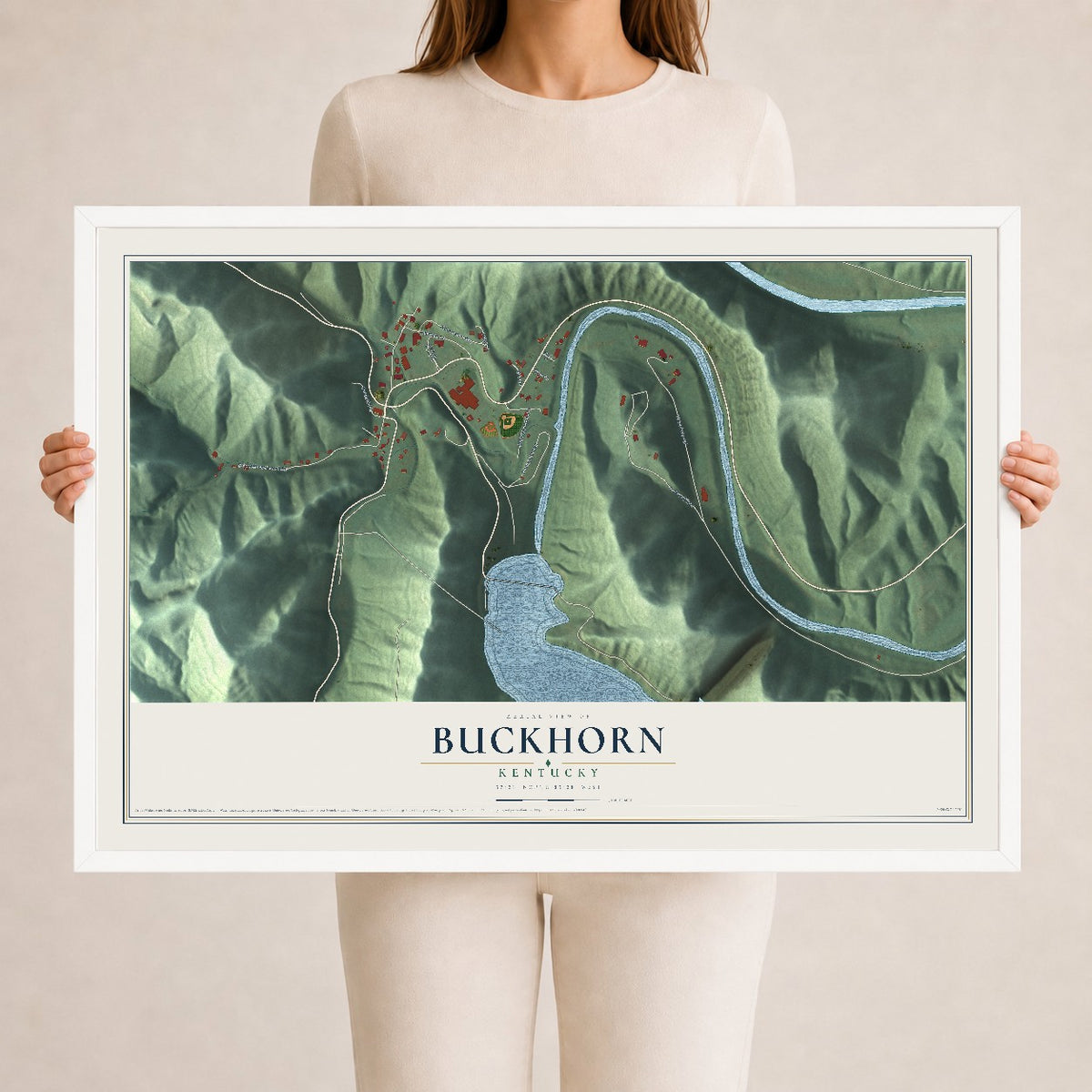 Map of Buckhorn, Kentucky, 24 x 36 inch print in a white wood frame