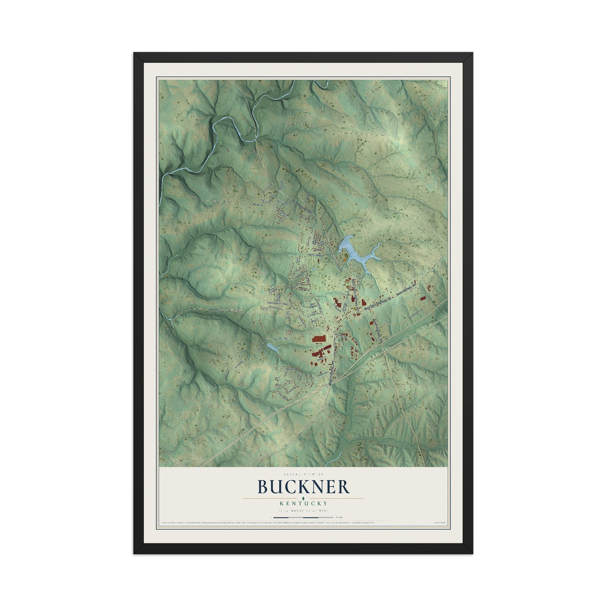 Map of Buckner, Kentucky, 12 x 18 inch print in a black wood frame