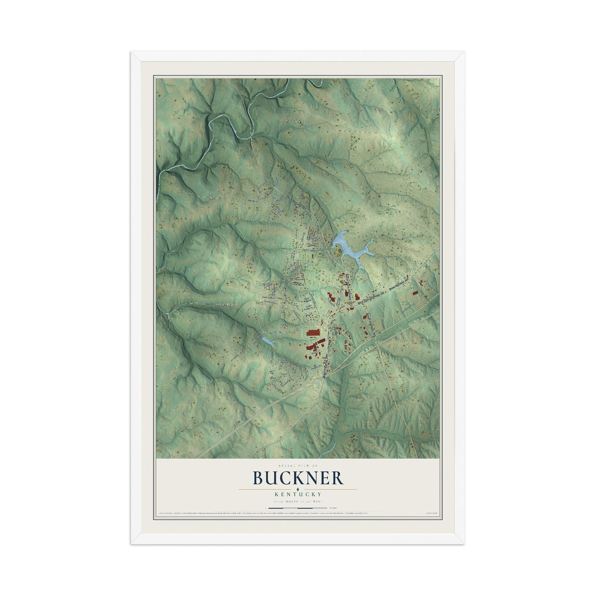 Map of Buckner, Kentucky, 12 x 18 inch print in a white wood frame