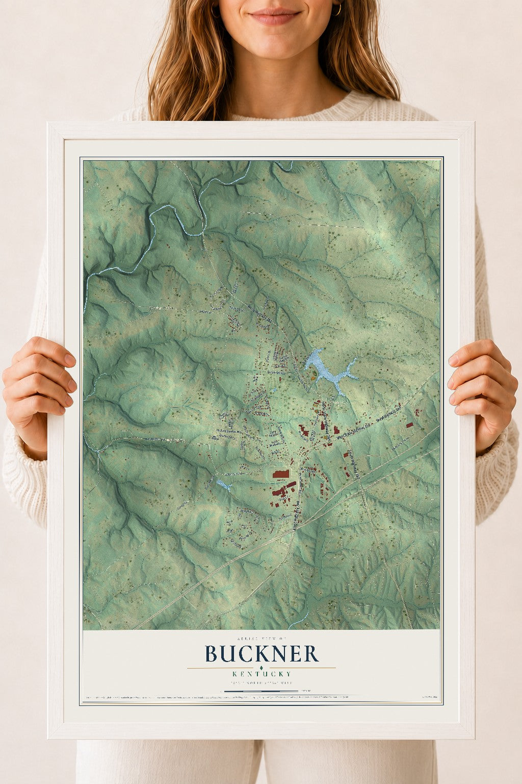 Map of Buckner, Kentucky, 18 x 24 inch print in a white wood frame