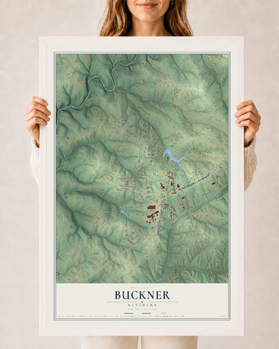 Map of Buckner, Kentucky, 24 x 36 inch print in a white wood frame
