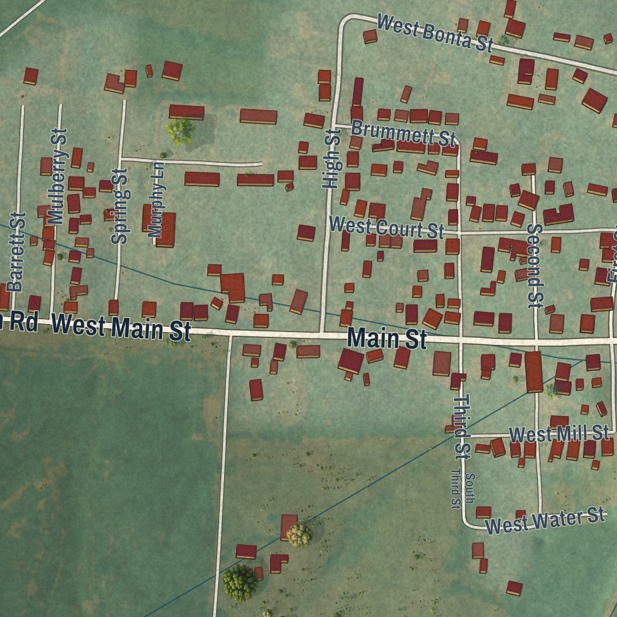 Close-up of the map of Burgin, Kentucky print showing street and building detail