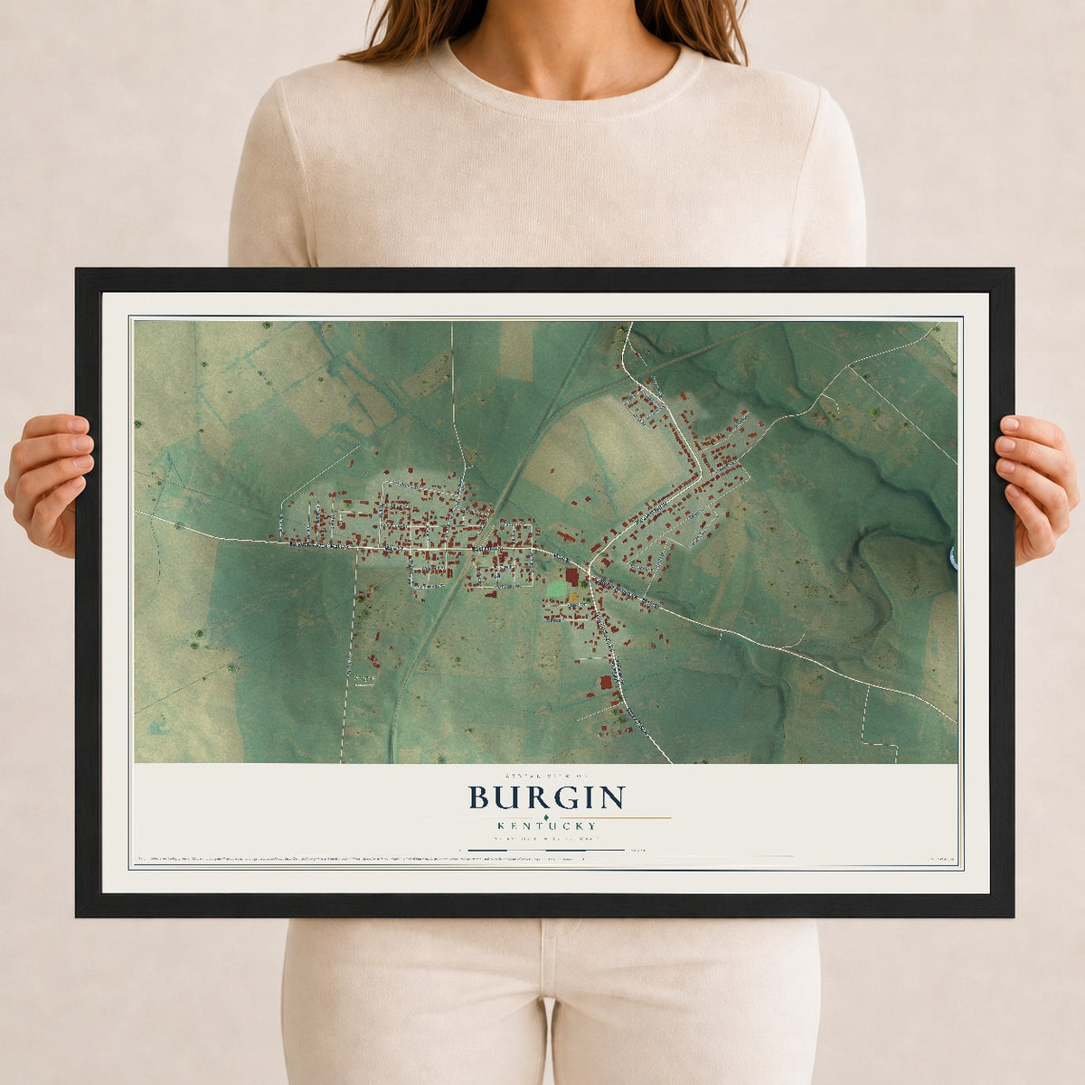 Map of Burgin, Kentucky, 12 x 18 inch print in a black wood frame