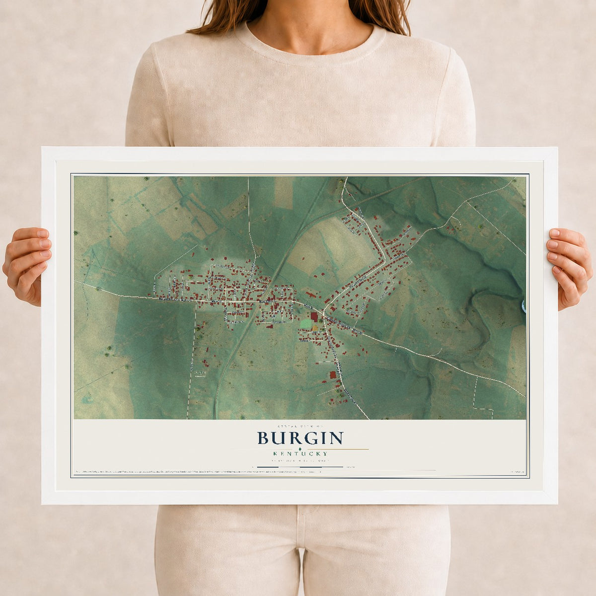 Map of Burgin, Kentucky, 12 x 18 inch print in a white wood frame