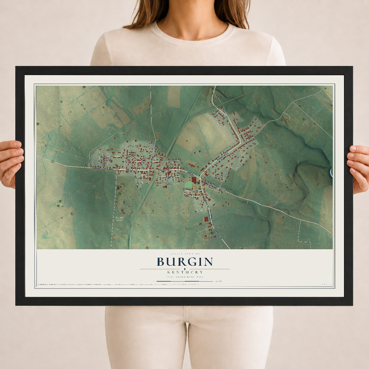 Map of Burgin, Kentucky, 18 x 24 inch print in a black wood frame