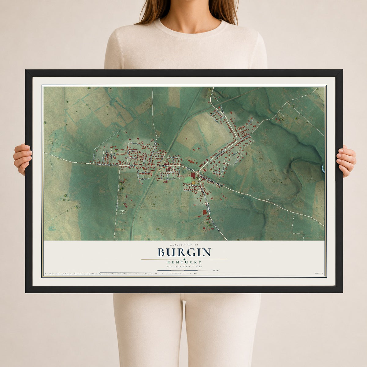 Map of Burgin, Kentucky, 24 x 36 inch print in a black wood frame