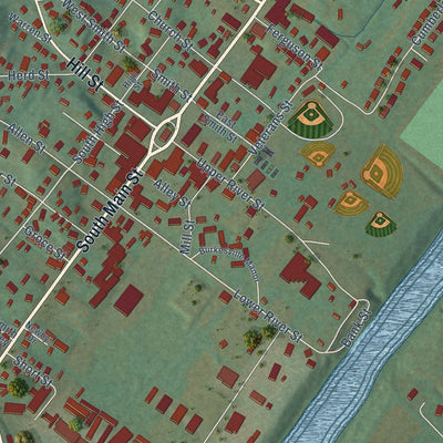 Close-up of the map of Burkesville, Kentucky print showing street and building detail