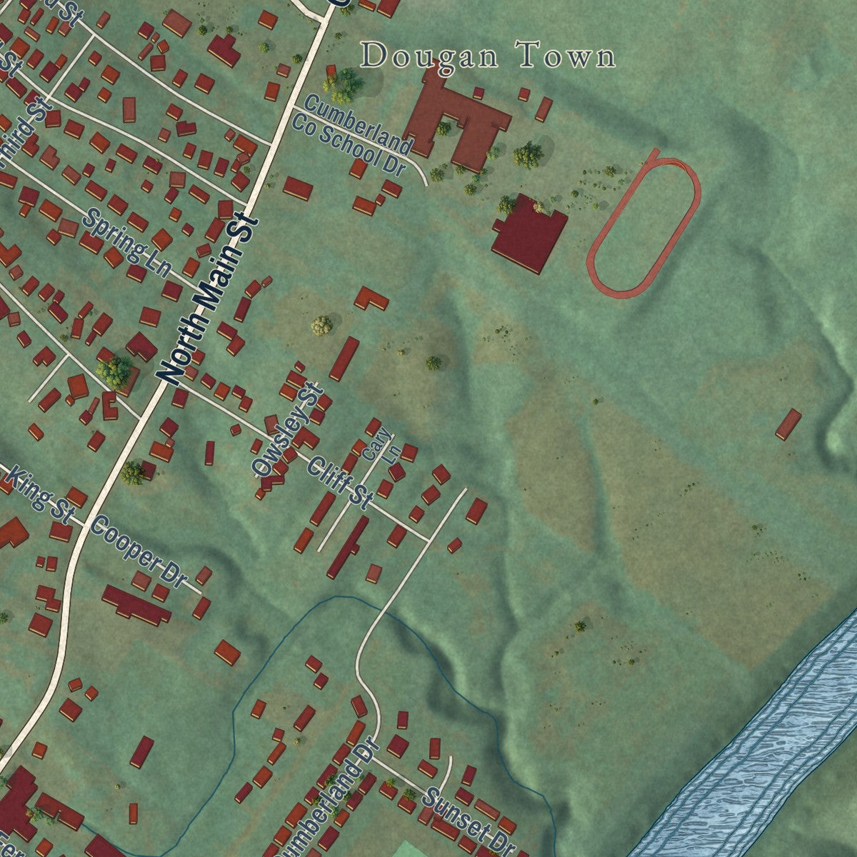 Second close-up of the map of Burkesville, Kentucky print showing more streets and buildings