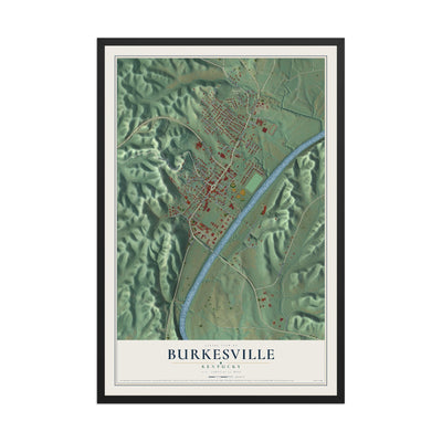 Map of Burkesville, Kentucky, 12 x 18 inch print in a black wood frame
