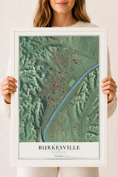 Map of Burkesville, Kentucky, 18 x 24 inch print in a white wood frame