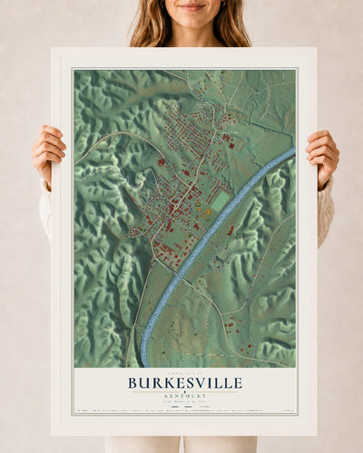 Map of Burkesville, Kentucky, 24 x 36 inch print in a white wood frame