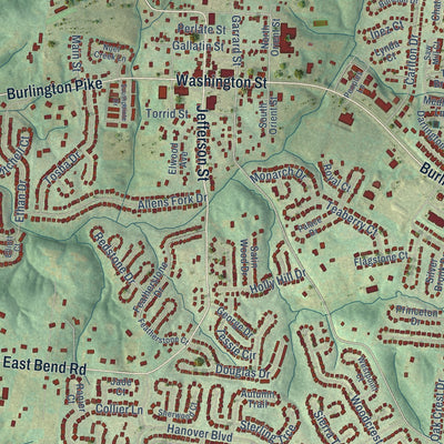 Close-up of the map of Burlington, Kentucky print showing street and building detail