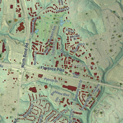 Second close-up of the map of Burlington, Kentucky print showing more streets and buildings