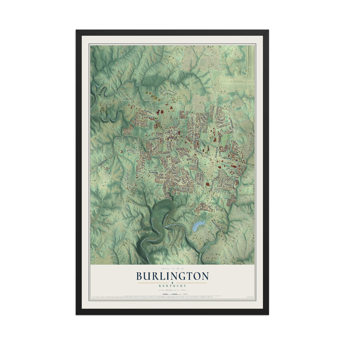 Map of Burlington, Kentucky, 12 x 18 inch print in a black wood frame