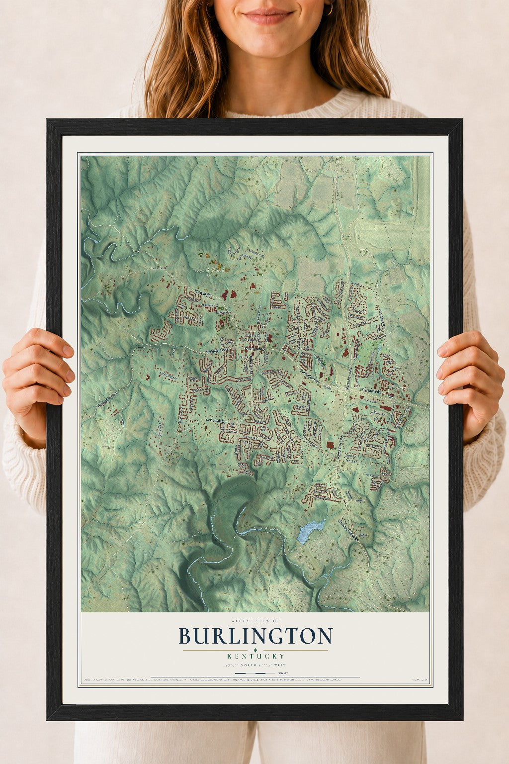 Map of Burlington, Kentucky, 18 x 24 inch print in a black wood frame