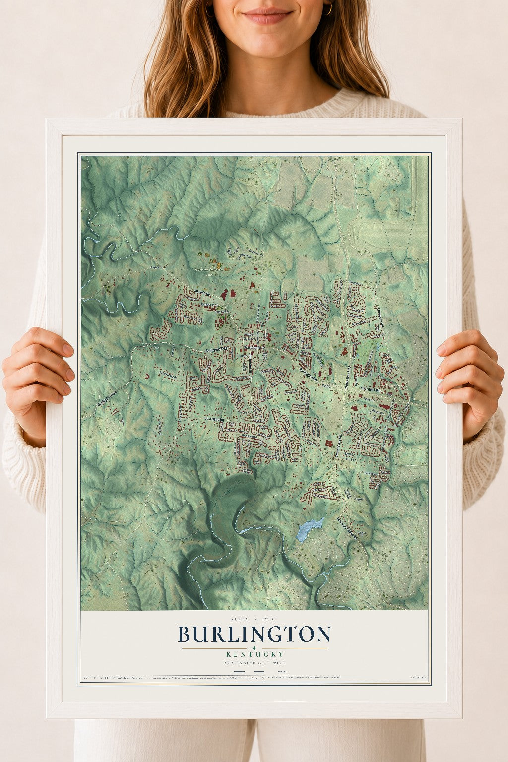 Map of Burlington, Kentucky, 18 x 24 inch print in a white wood frame