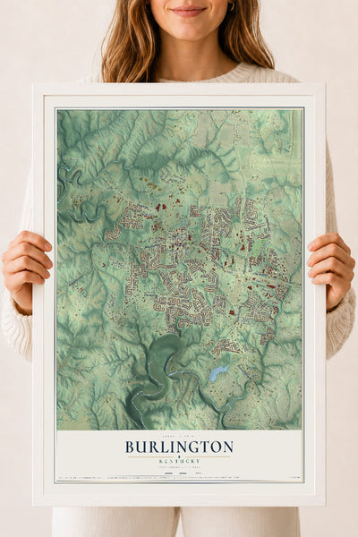 Map of Burlington, Kentucky, 18 x 24 inch print in a white wood frame